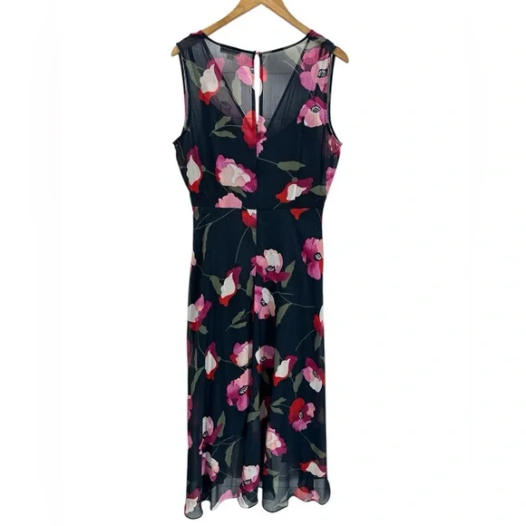 Calvin Klein Floral Sleeveless Chiffon High-Low Dress Navy Pink Red Elegant 12 - Picture 3 of 12